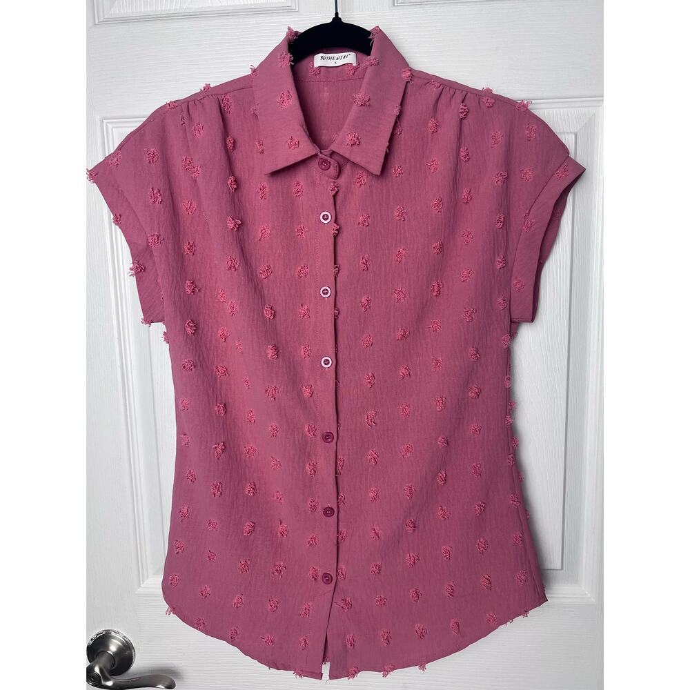 Bothenial Blouse Pink Textured Dots Collared Short Sleeve Shirt Size Small